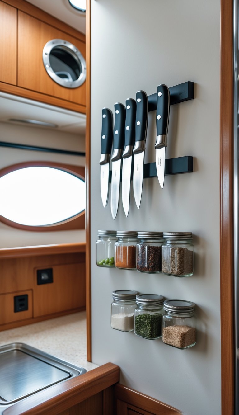 Compact boat kitchen with magnetic strips holding knives and spice jars mounted on the wall above a small countertop.