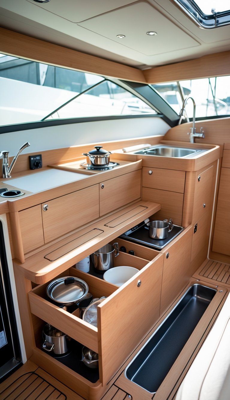 A compact boat kitchen with benches that have hidden storage compartments open, showing organized kitchen items inside.