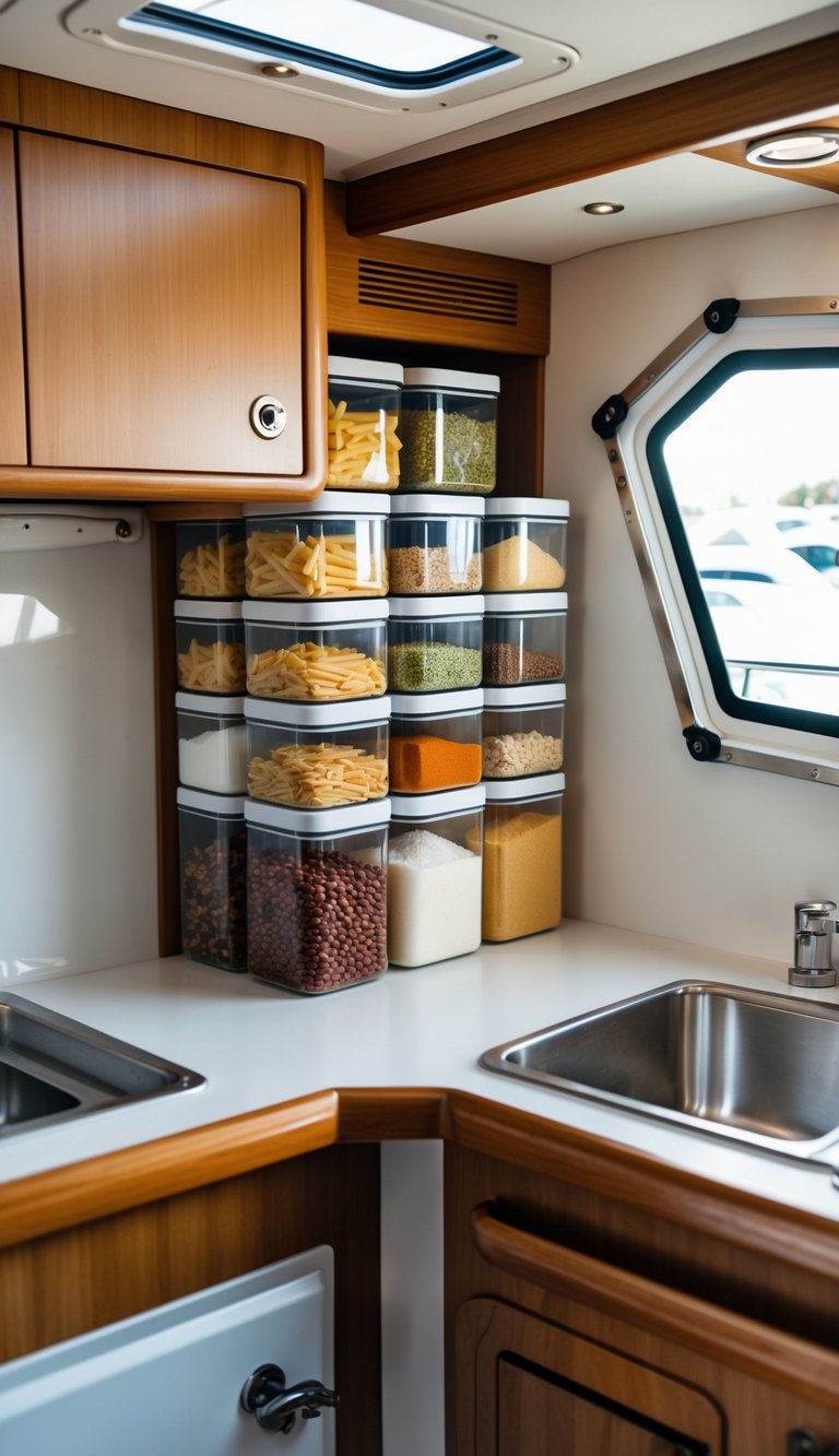 Stackable clear storage jars filled with dry ingredients neatly arranged in a compact boat kitchen.