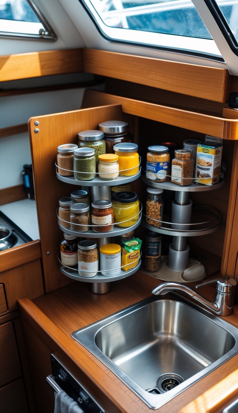 Compact boat kitchen corner with rotating carousel shelves stocked with kitchen supplies and utensils.
