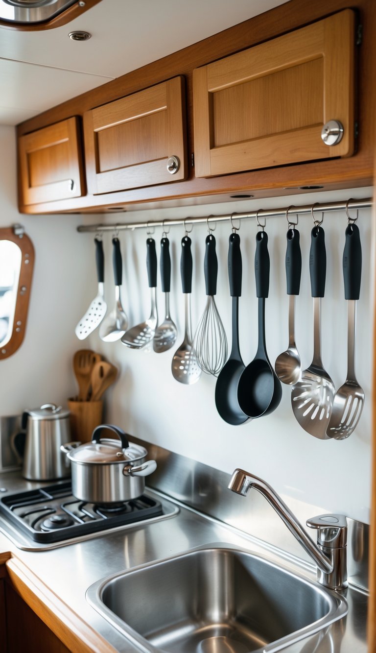 Compact boat kitchen with tension rods hanging cooking utensils below cabinets.