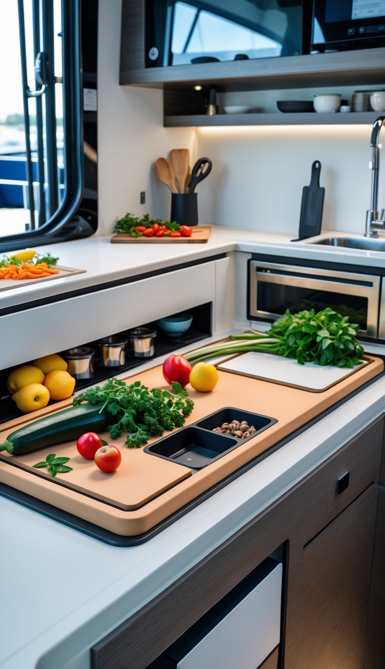 A compact boat kitchen countertop with multi-functional cutting boards that have built-in storage, surrounded by organized kitchen utensils and fresh ingredients.