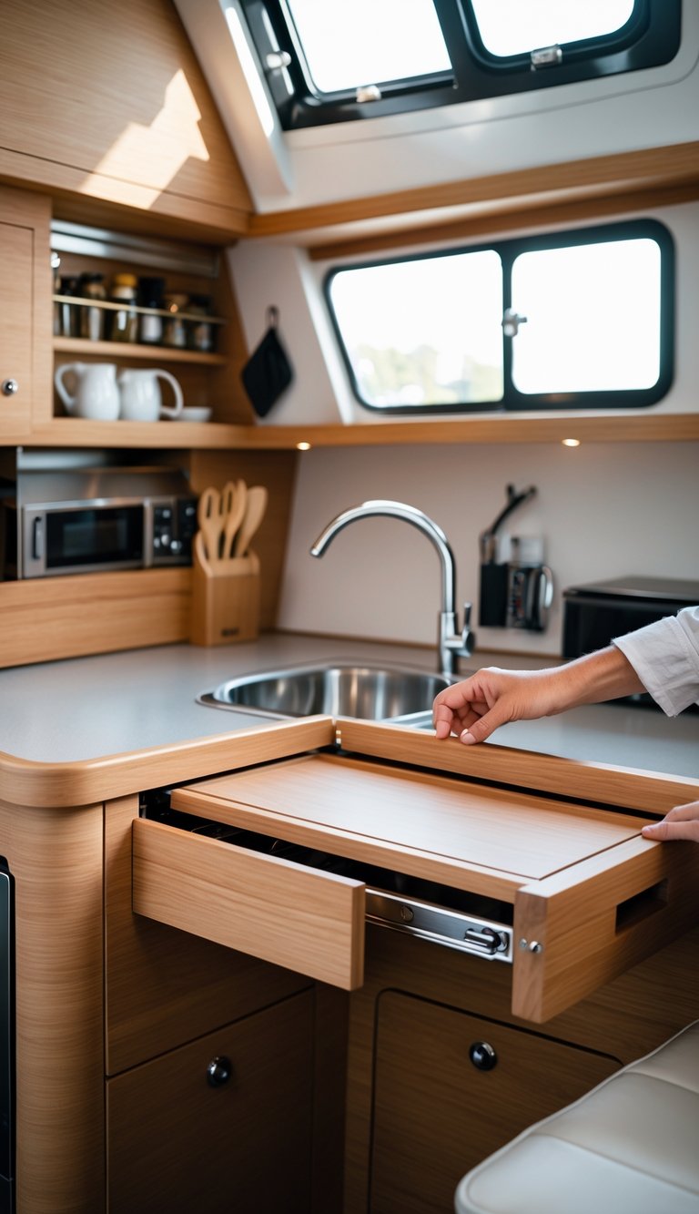 A person unfolding a wooden countertop extension in a small boat kitchen with organized storage and kitchen utensils.