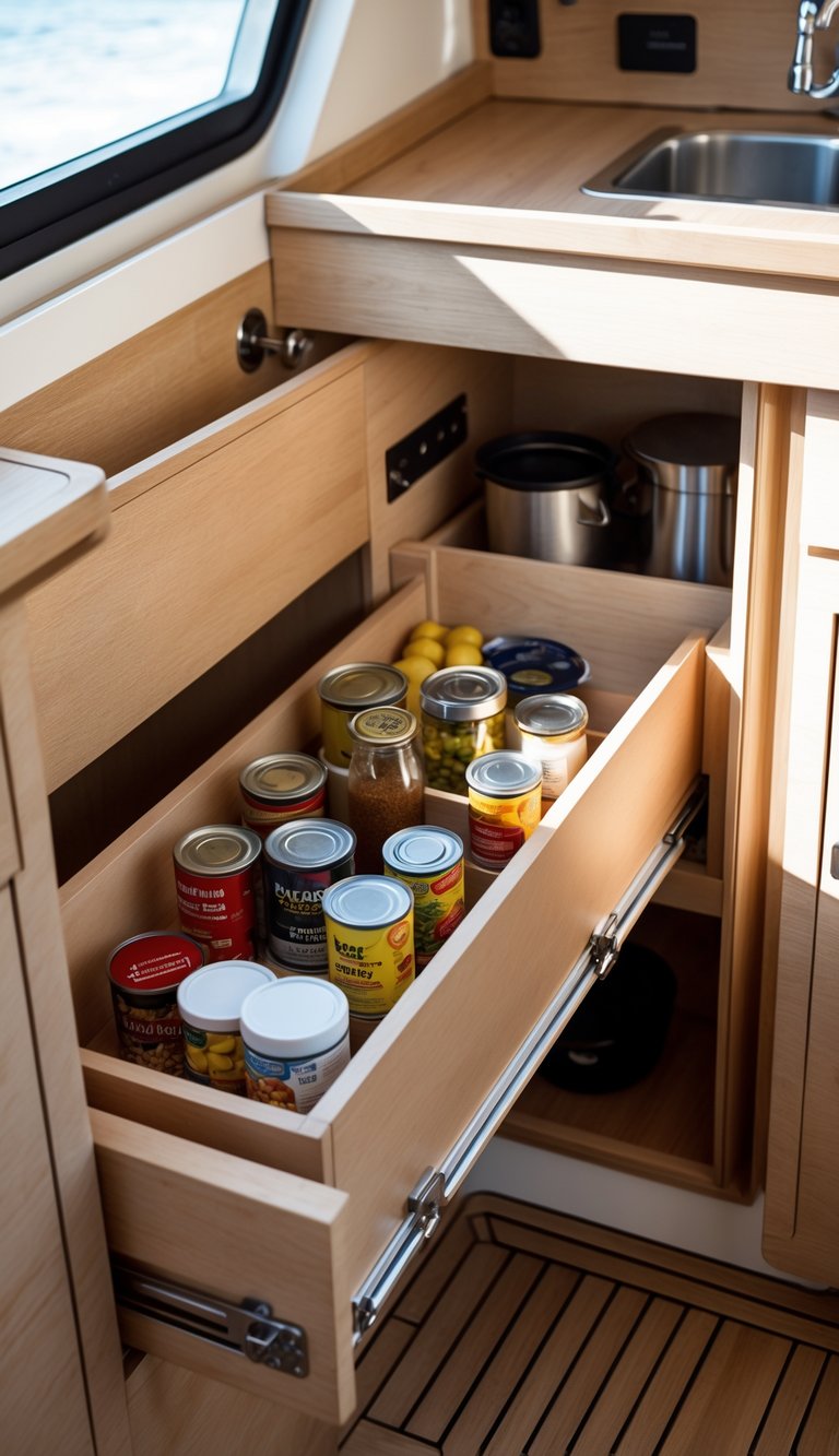Interior of a boat kitchen cabinet with slim roll-out trays holding organized kitchen items.