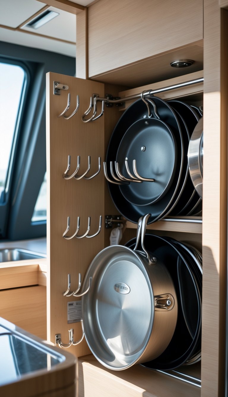Inside a compact boat kitchen cabinet with hooks on the doors holding pot and pan lids, showing organized storage.