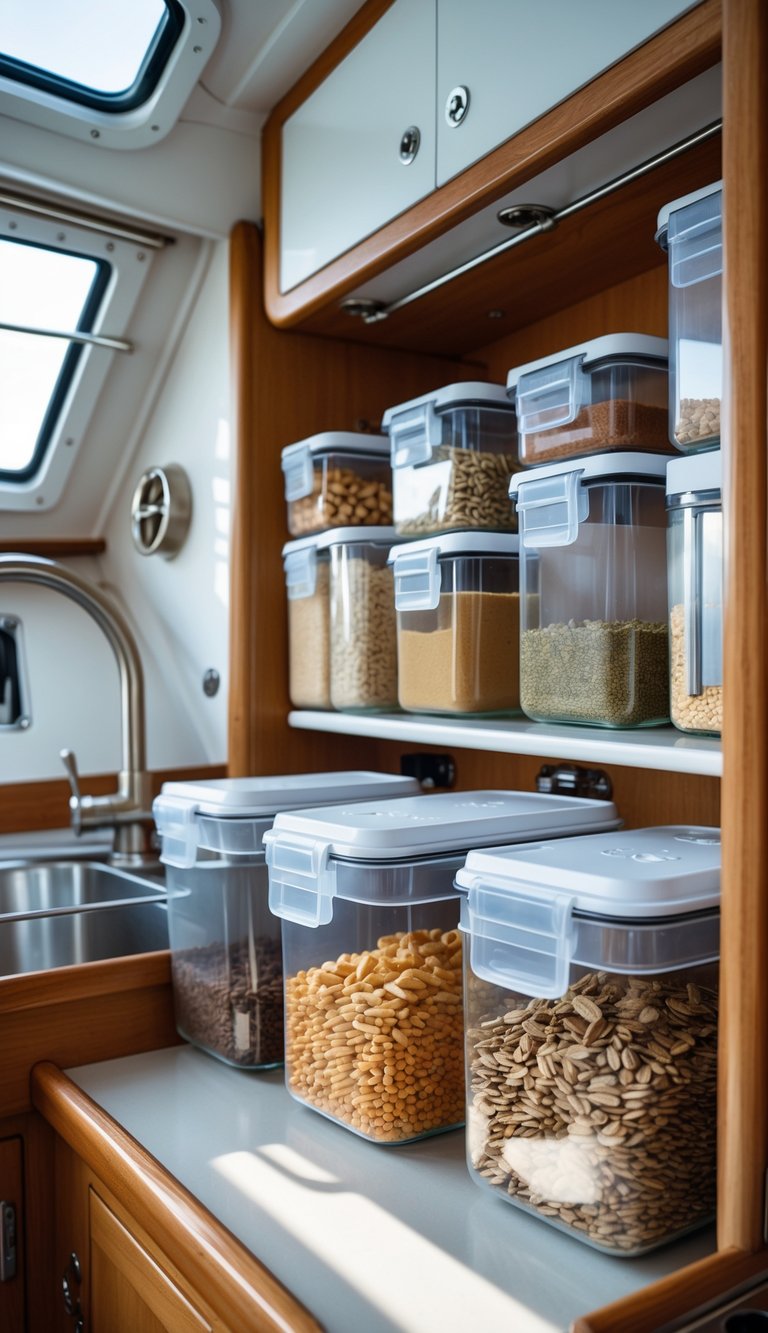 A small boat kitchen with airtight containers neatly arranged to keep the space organized and clutter-free.