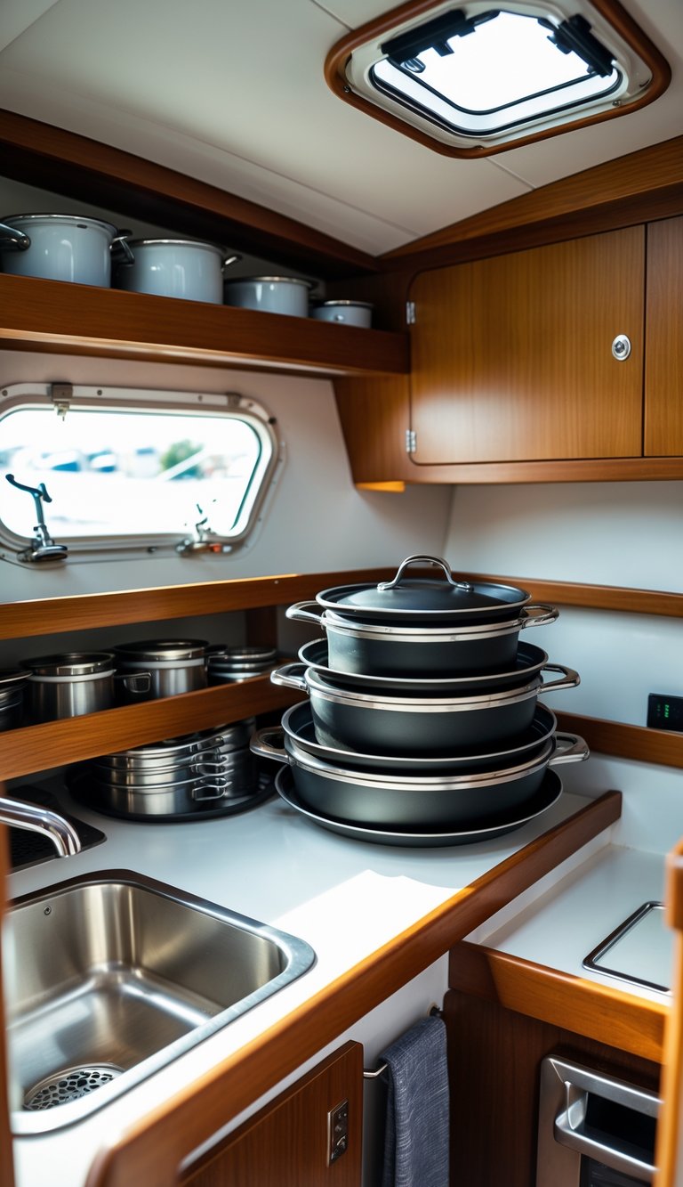 Compact boat kitchen with neatly organized stackable nesting cookware on shelves and countertops.