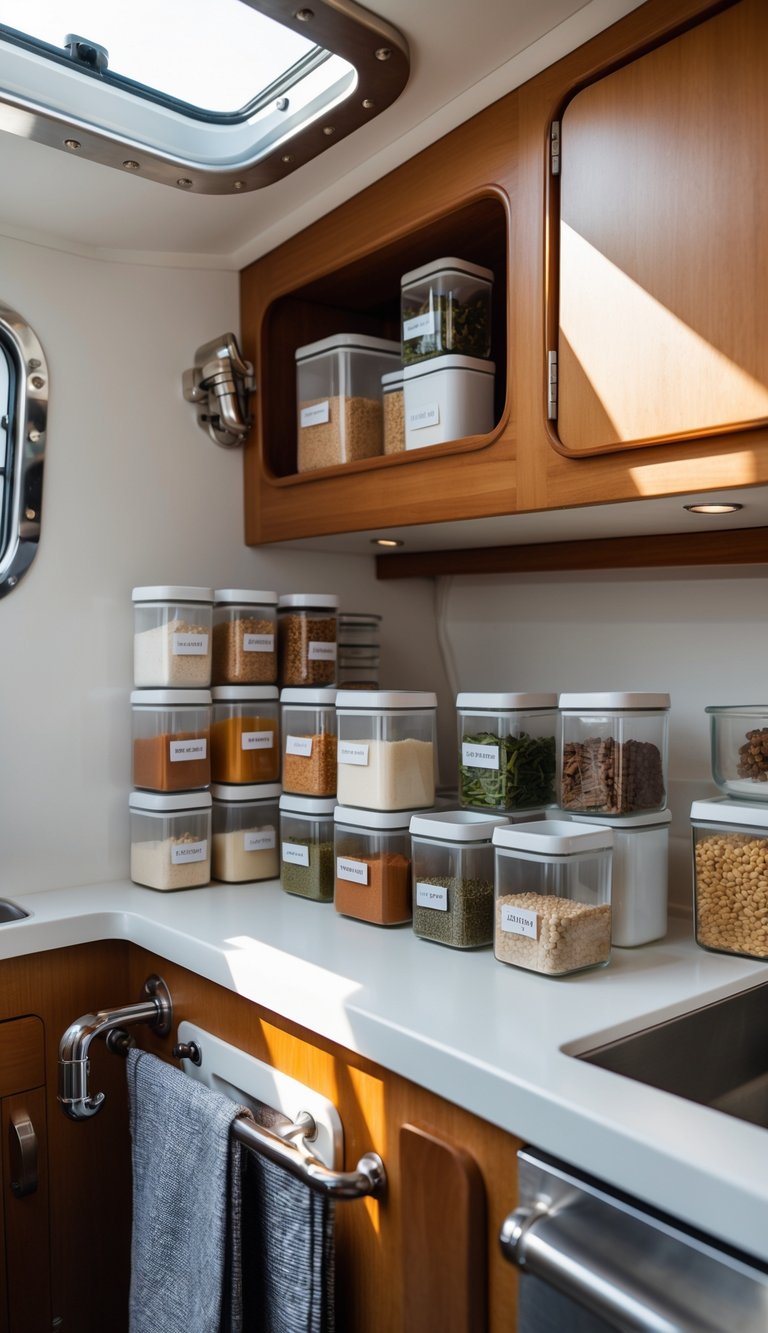 A compact boat kitchen with clear labeled containers neatly organized on shelves and countertop.
