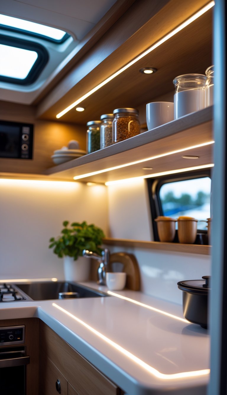 A compact boat kitchen with wooden shelves underlit by LED strip lighting, showing organized kitchen items and a small countertop.
