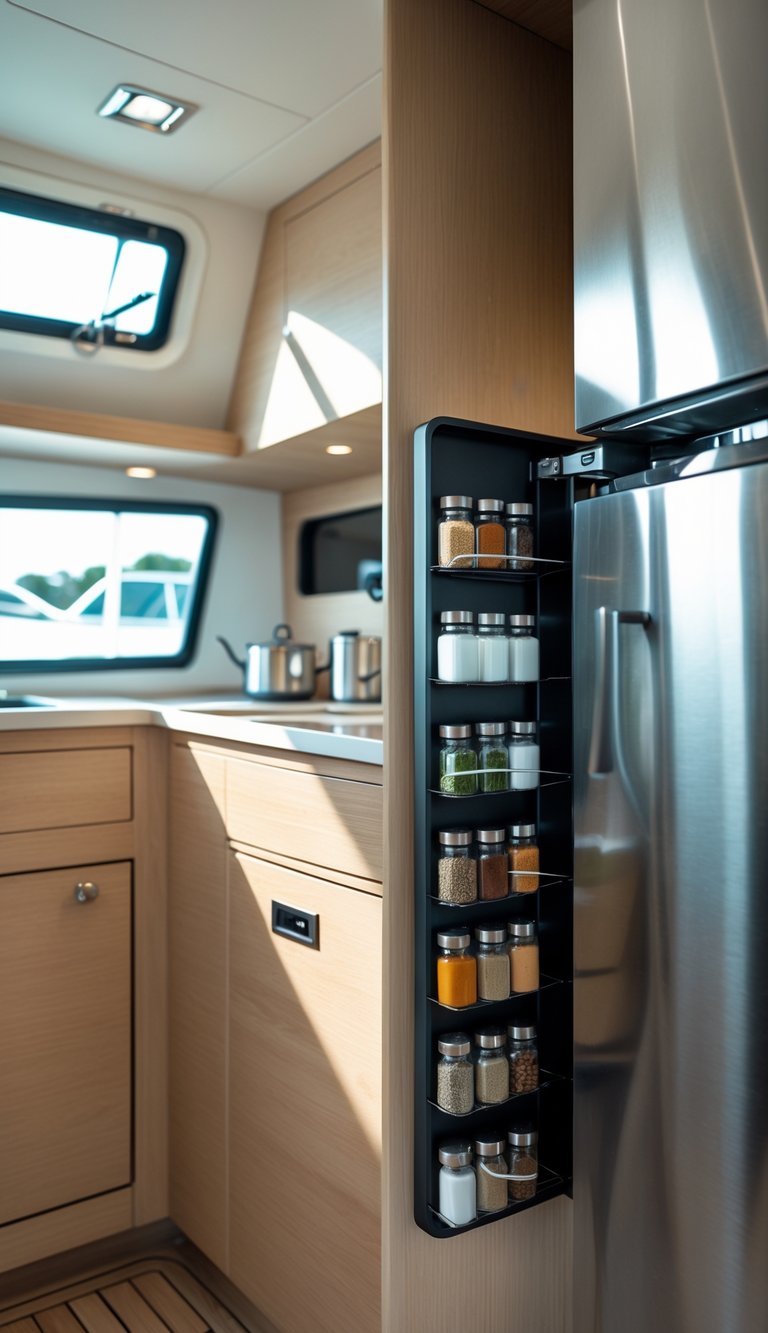 A compact boat kitchen with a spice rack mounted on the inside of the fridge door holding small spice jars.
