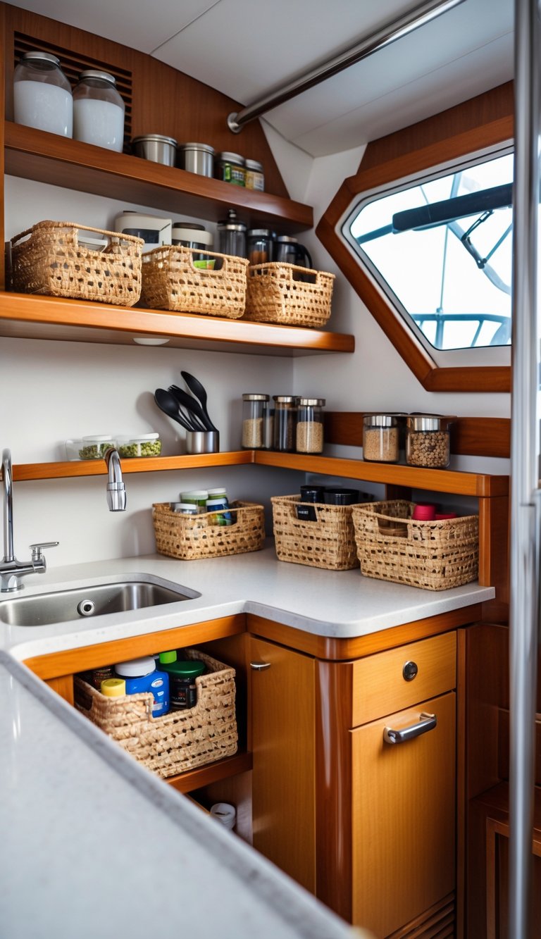 A compact boat kitchen with baskets used for organized storage on shelves and countertops holding kitchen items.