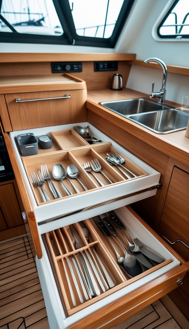Open kitchen drawer on a boat showing neatly organized utensils separated by drawer dividers in a compact galley kitchen.