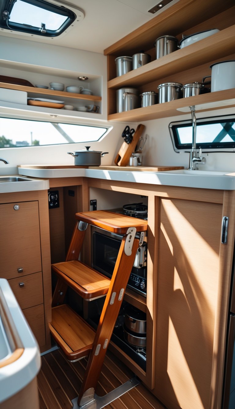 A compact boat kitchen with a fold-away step stool pulled out to reach high shelves filled with kitchen items.