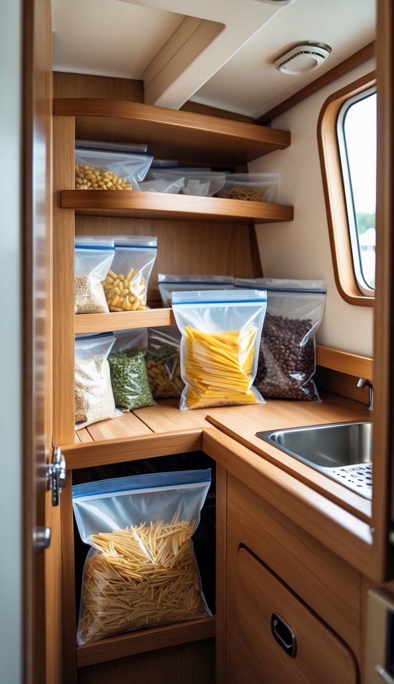 Compact boat kitchen with organized shelves holding vacuum-sealed bags of dry goods inside a small cabinet.