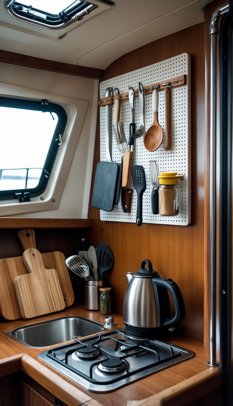 A compact boat kitchen with a pegboard holding kitchen tools, a small countertop with utensils, and natural light coming through a porthole.