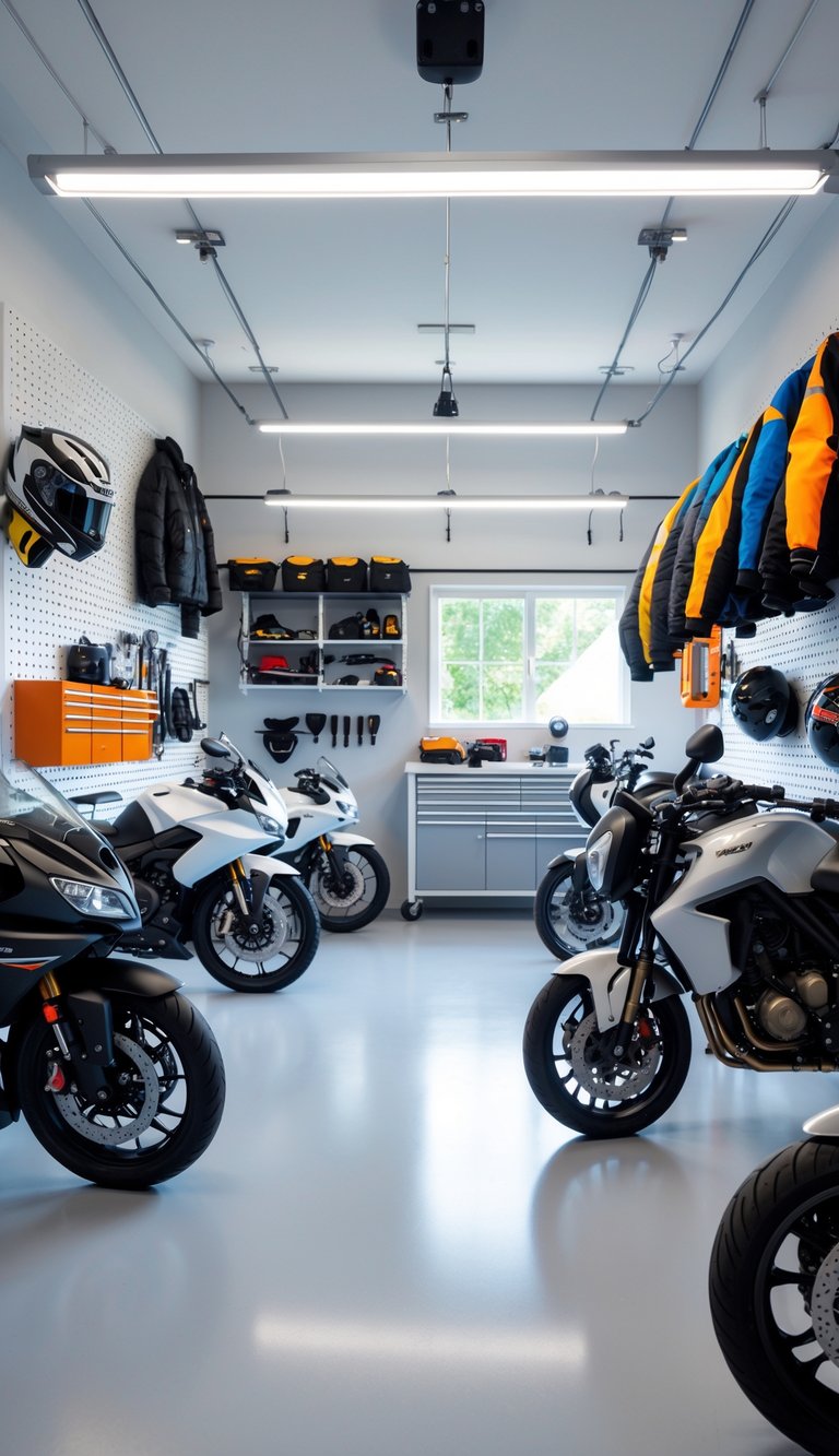 A well-organized motorcycle garage with motorcycles, helmets, jackets, tools, and storage shelves neatly arranged.