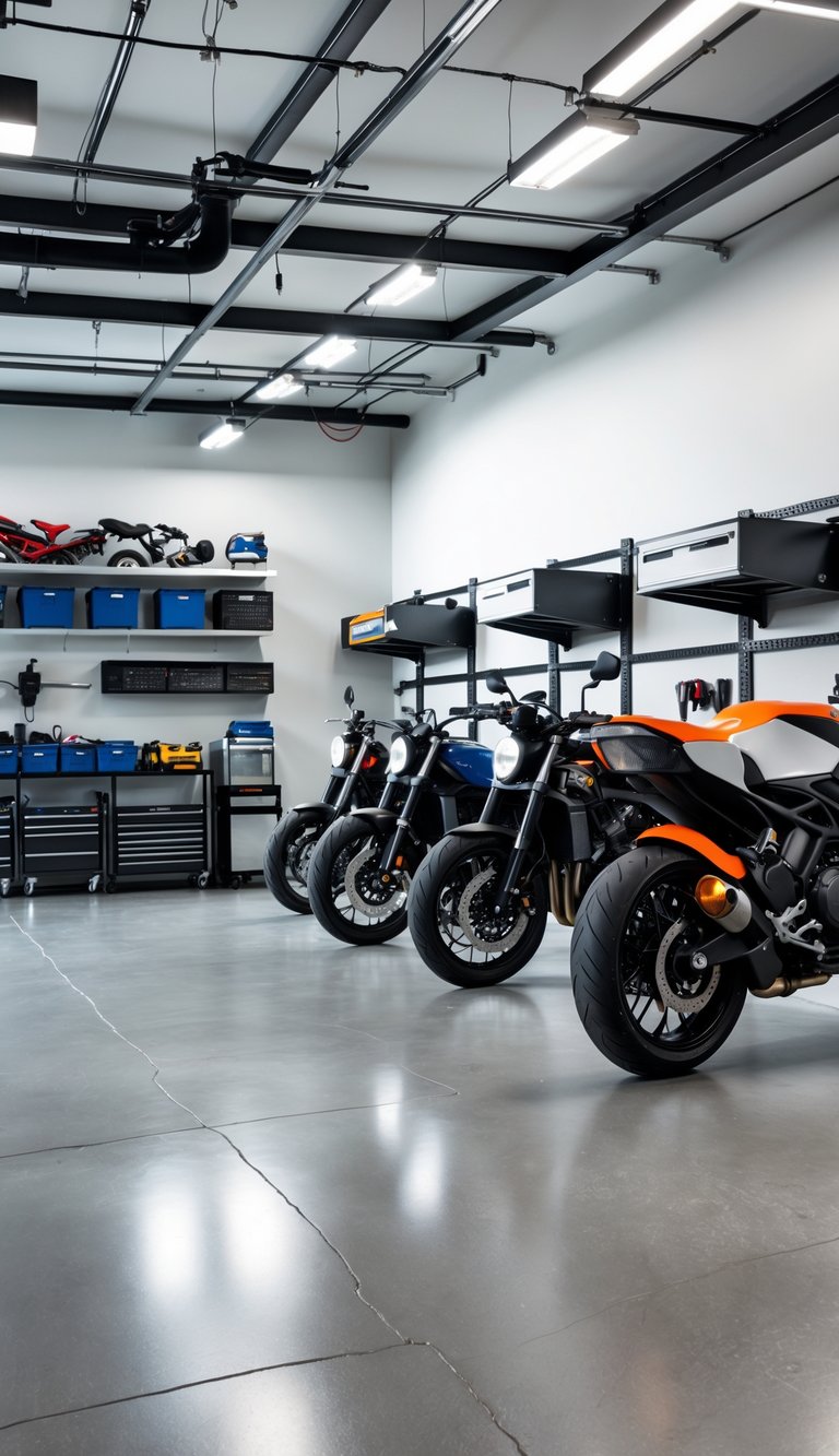 A clean garage with motorcycles stored on wall-mounted racks, showing an organized and spacious setup.
