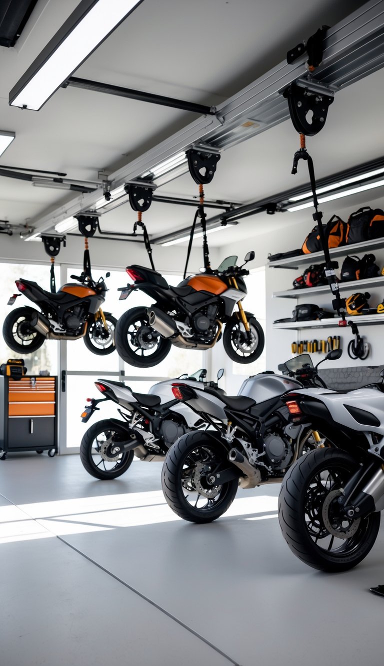 Motorcycle garage with bikes lifted and stored using ceiling pulley hoists, surrounded by organized tools and storage.