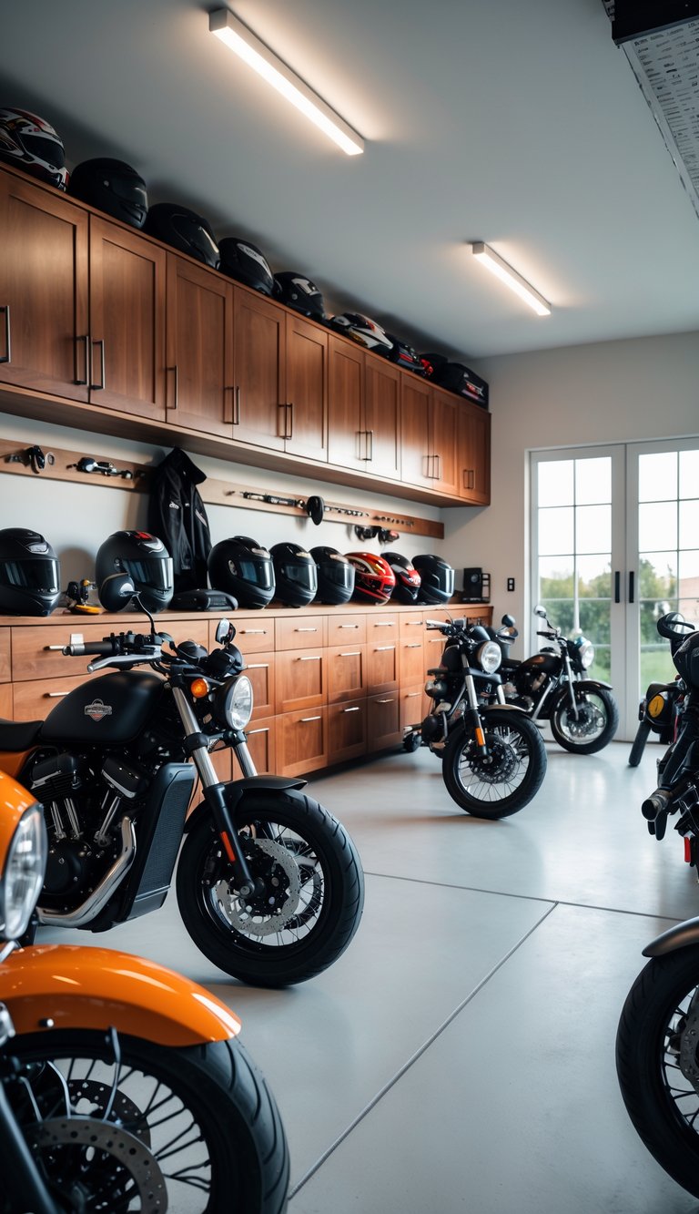 A clean motorcycle garage with custom wooden storage cabinets and several motorcycles parked inside.