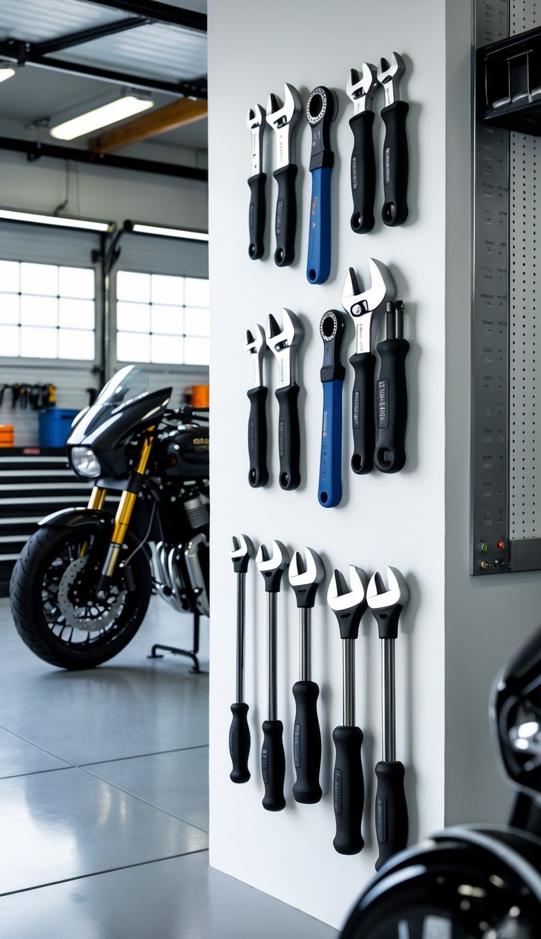 A motorcycle garage with magnetic tool holders neatly displaying tools on the wall and a motorcycle on a stand in the background.