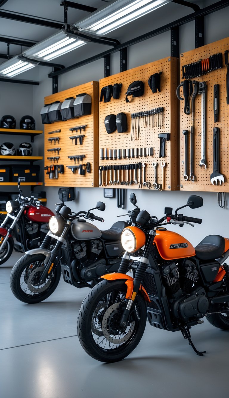 A tidy motorcycle garage with pegboards holding various tools and several motorcycles parked inside.