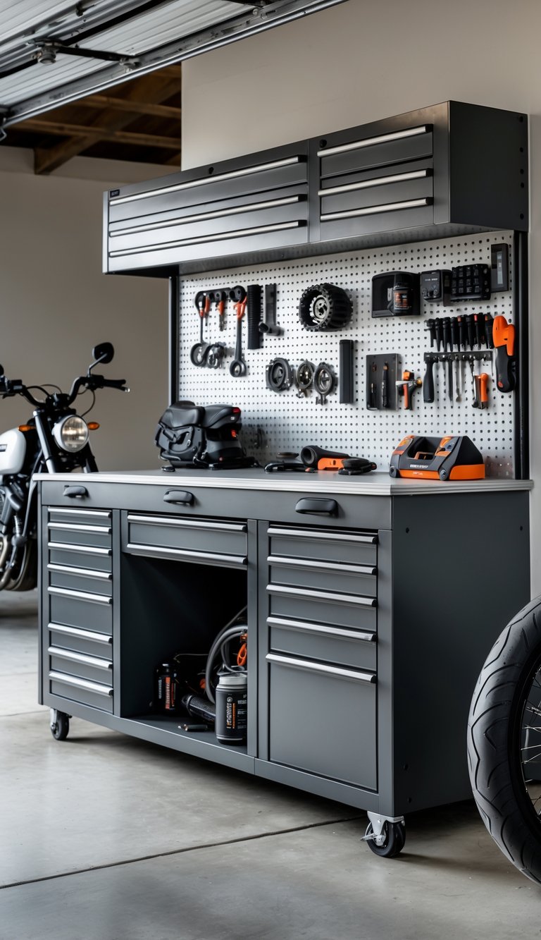 A motorcycle workbench with drawers in a garage, organized with tools and a motorcycle in the background.