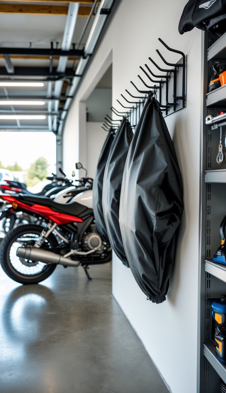 A clean motorcycle garage with motorcycles parked and bike covers neatly stored on hooks mounted on the wall.
