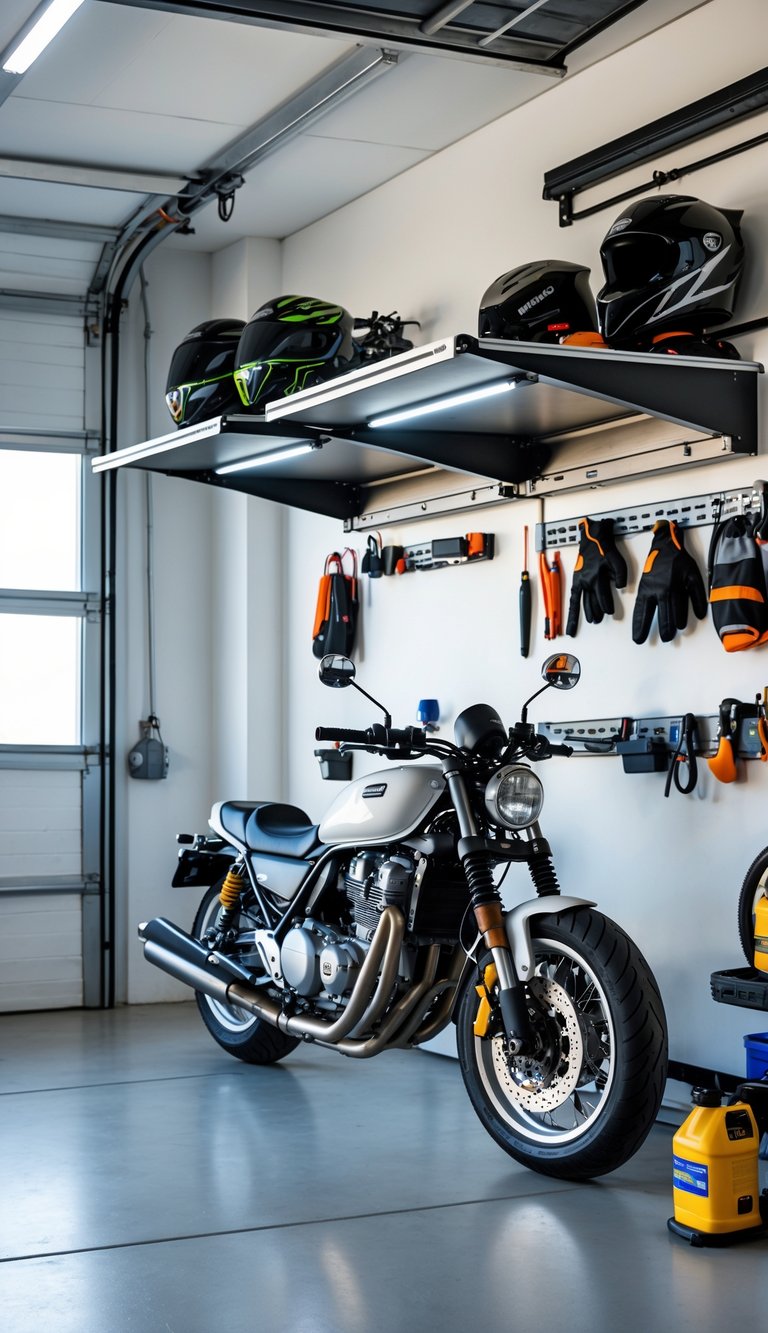 A motorcycle garage with fold-down worktables, organized tools, and a parked motorcycle.
