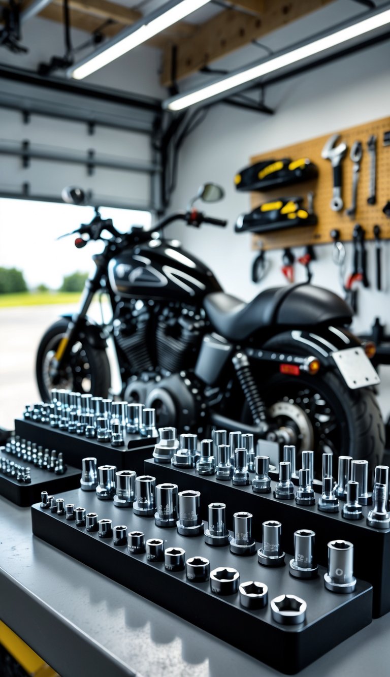 A motorcycle garage workspace with compact socket and Allen wrench sets neatly organized on a workbench, a motorcycle in the background, and tools hanging on a pegboard.