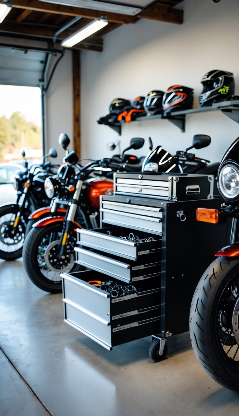 A clean motorcycle garage with rolling tool chests, motorcycles, and organized tools.