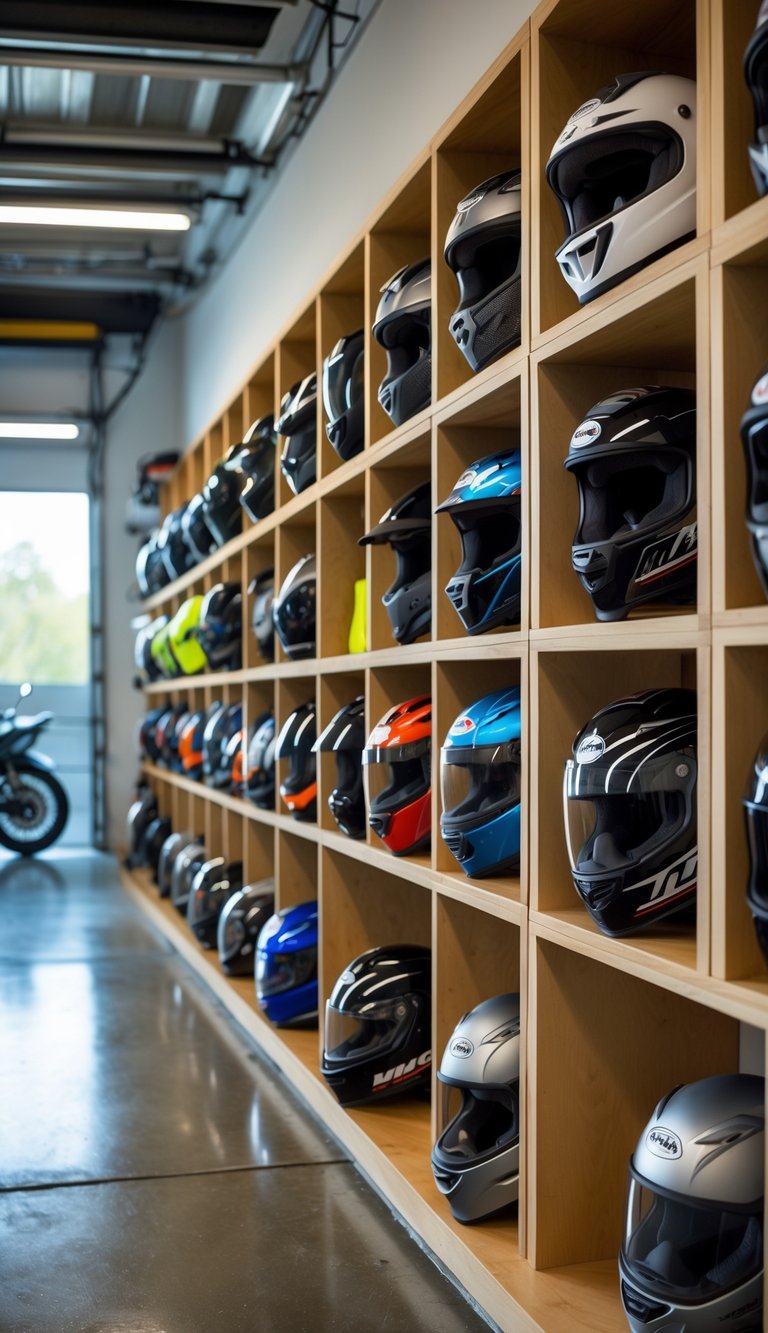A tidy motorcycle garage with wooden cubbies storing various motorcycle helmets neatly arranged on the wall.