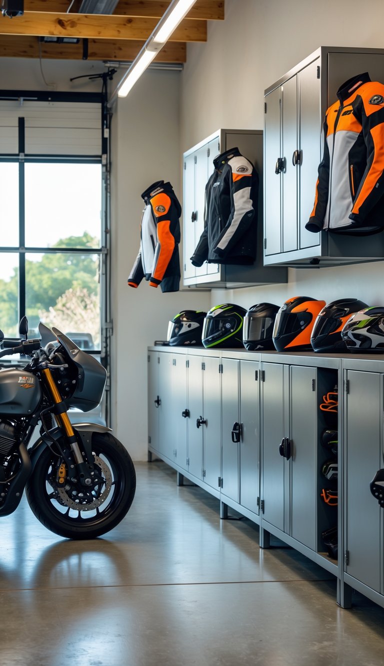 A clean motorcycle garage with lockable gear cabinets and neatly parked motorcycles.