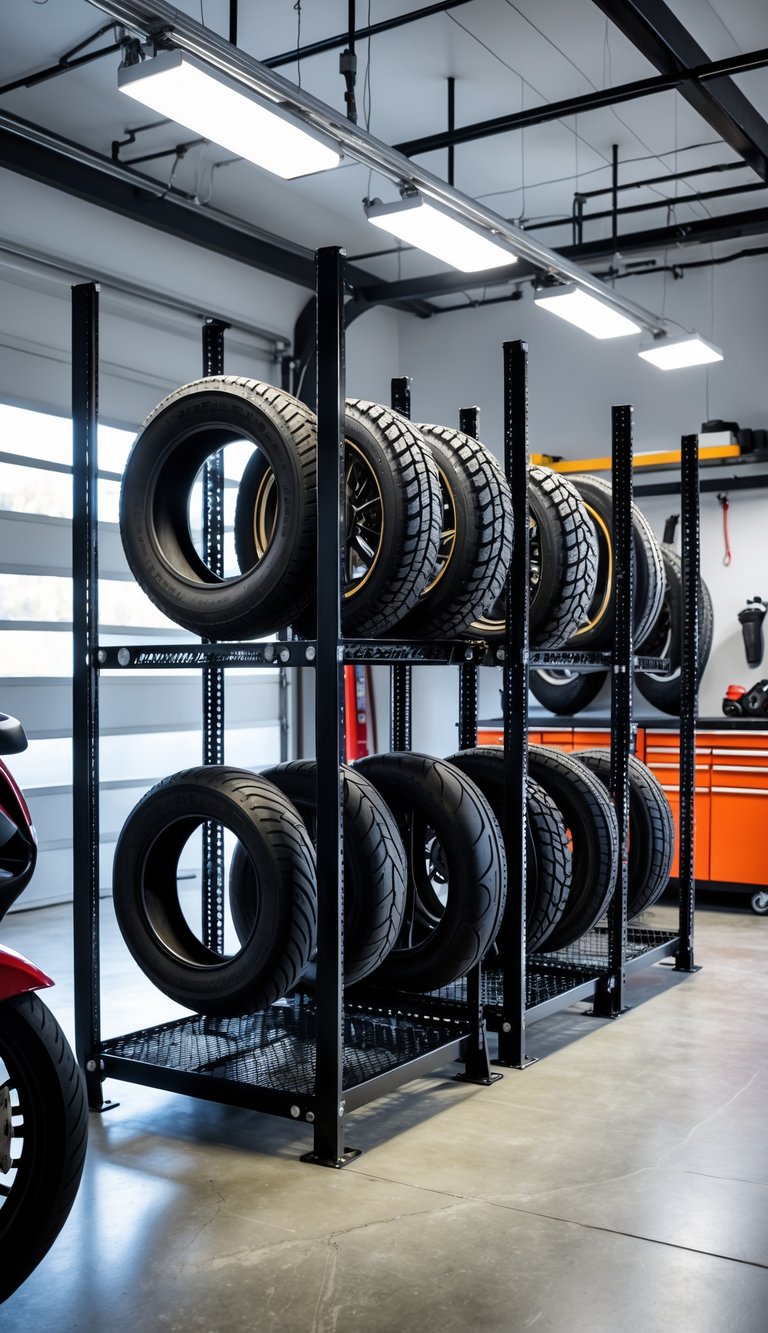 A clean motorcycle garage with metal racks holding multiple motorcycle tires neatly organized.