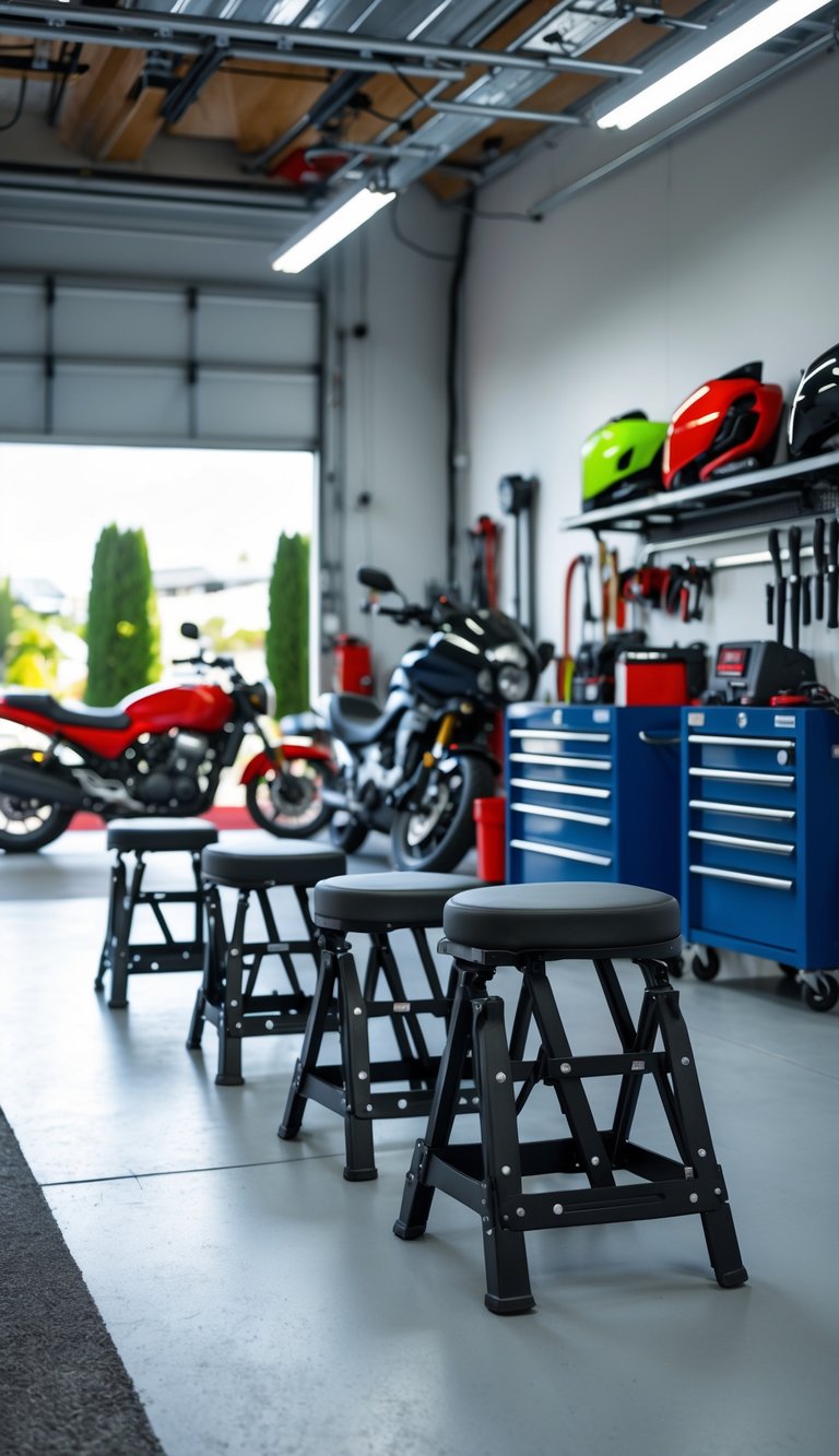 A motorcycle garage with foldable mechanic stools arranged near motorcycles, tools, and storage racks.