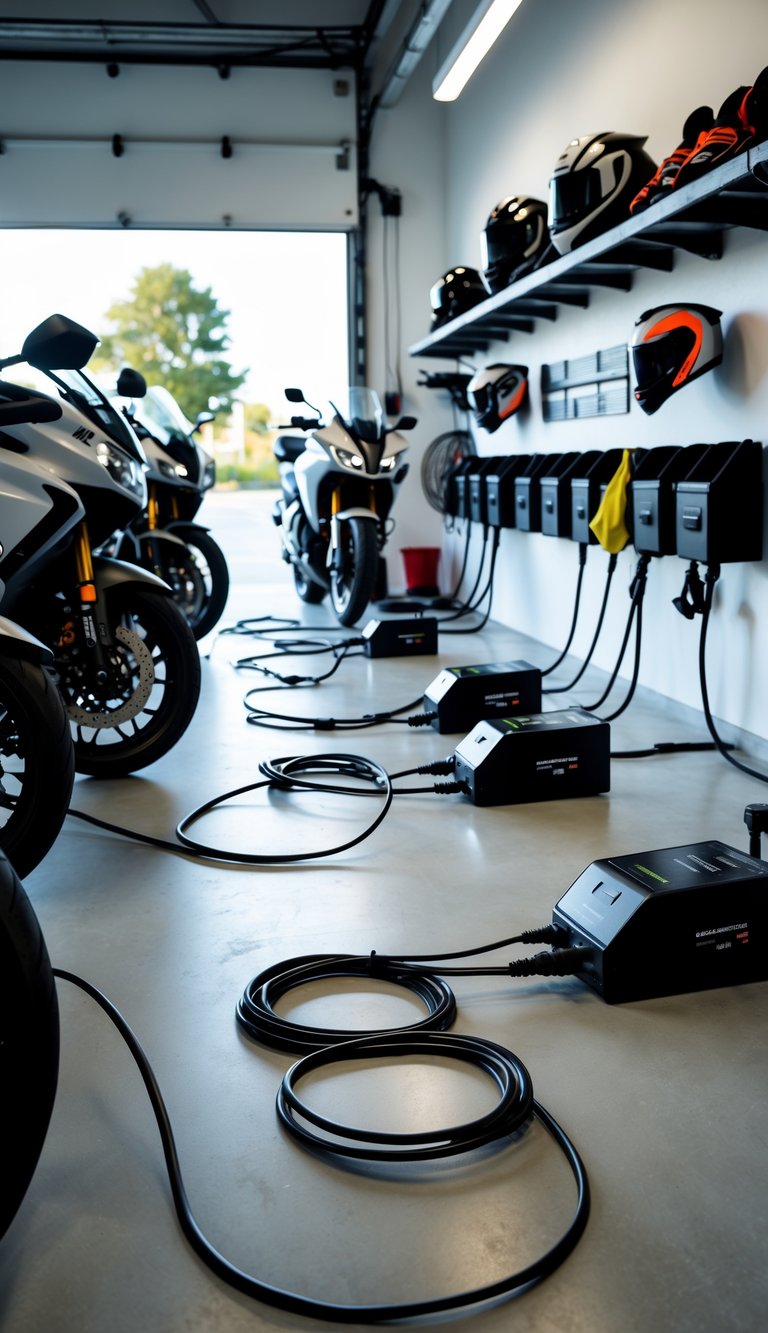 A motorcycle garage with several motorcycles connected to battery charging stations, organized shelves with tools and accessories, and a clean, well-lit workspace.