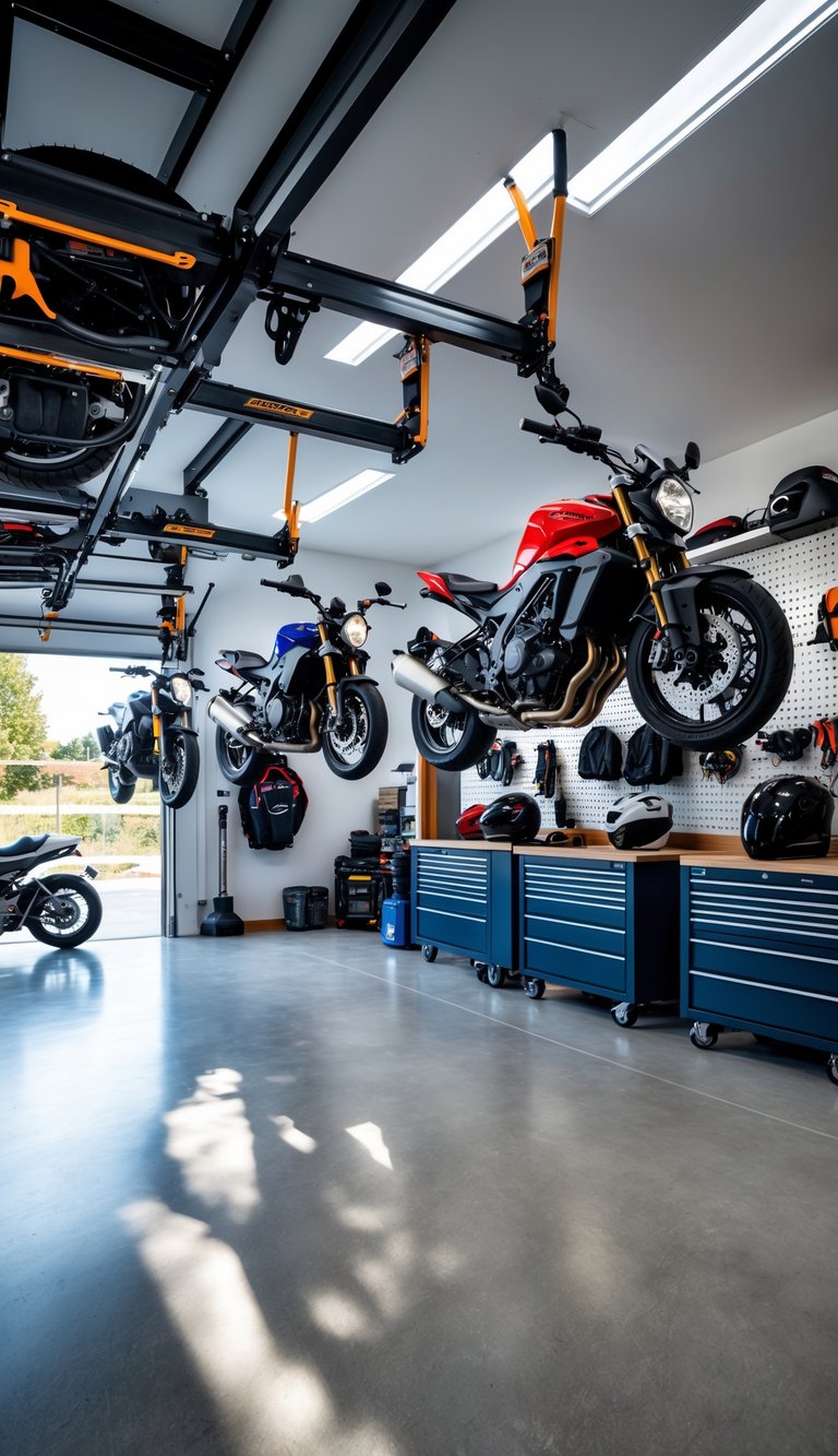 A clean garage with motorcycles suspended from overhead lifts, organized tools, and storage cabinets.