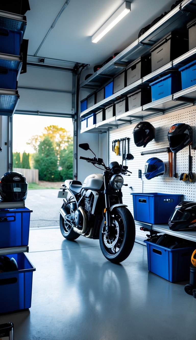 A motorcycle parked inside a clean garage with modular storage bins and shelves holding tools and gear.