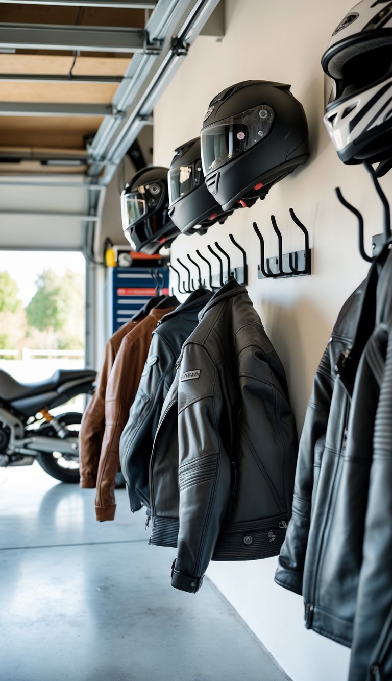 Motorcycle garage interior with jackets and helmets hanging on wall-mounted hooks, showing organized storage and gear.