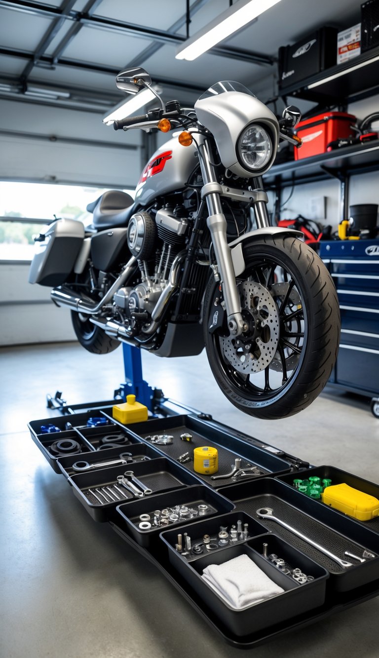 A motorcycle elevated on a lift in a clean garage with organized trays holding tools and parts underneath.