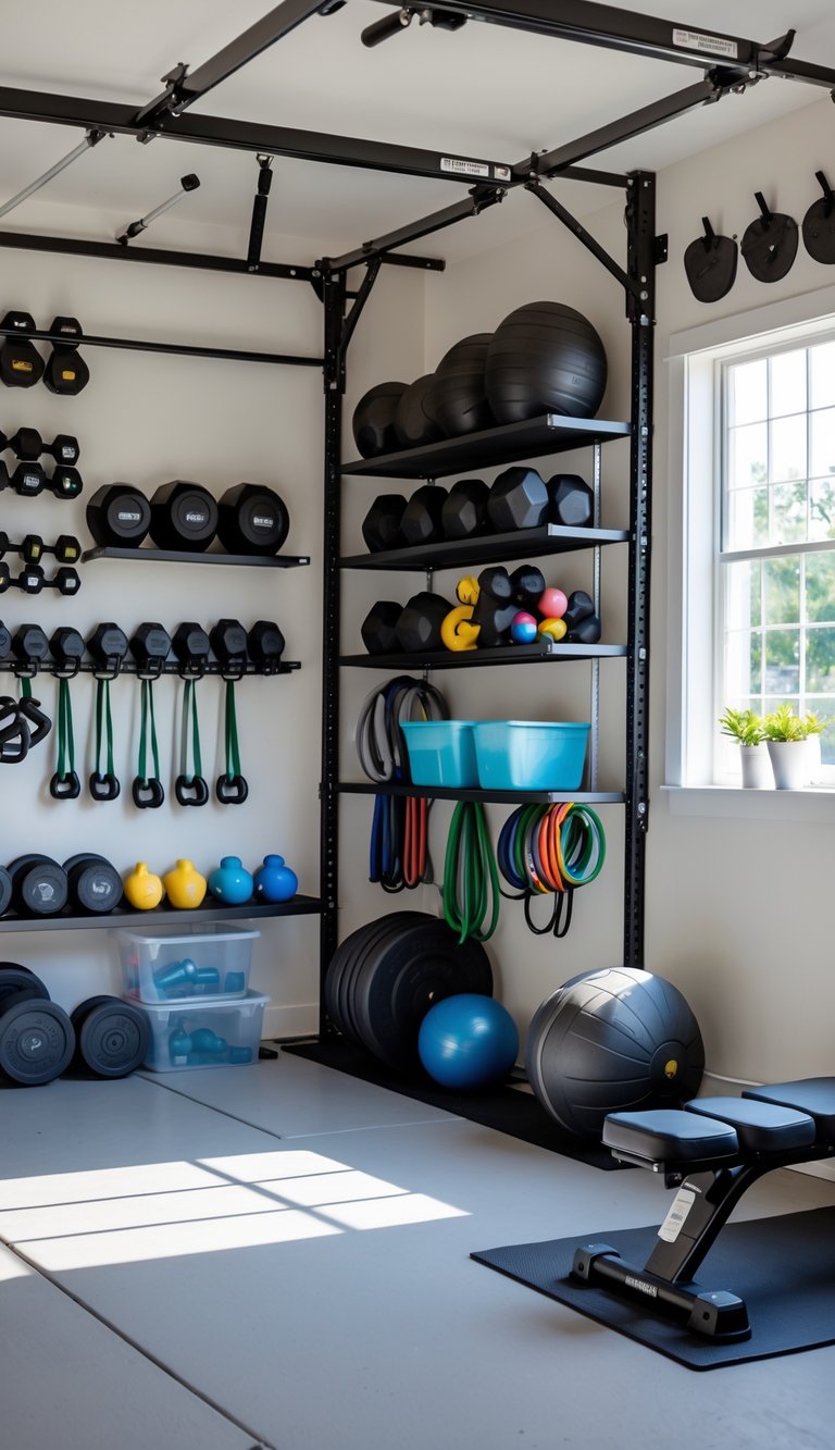 A clean and organized garage gym with various storage solutions holding weights, kettlebells, resistance bands, and gym equipment neatly arranged on shelves, racks, and hooks.