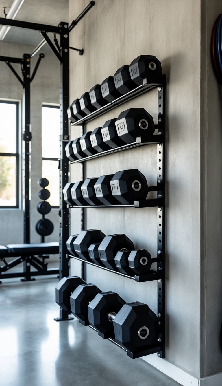 A garage gym with a wall-mounted dumbbell rack holding multiple dumbbells in an organized manner.