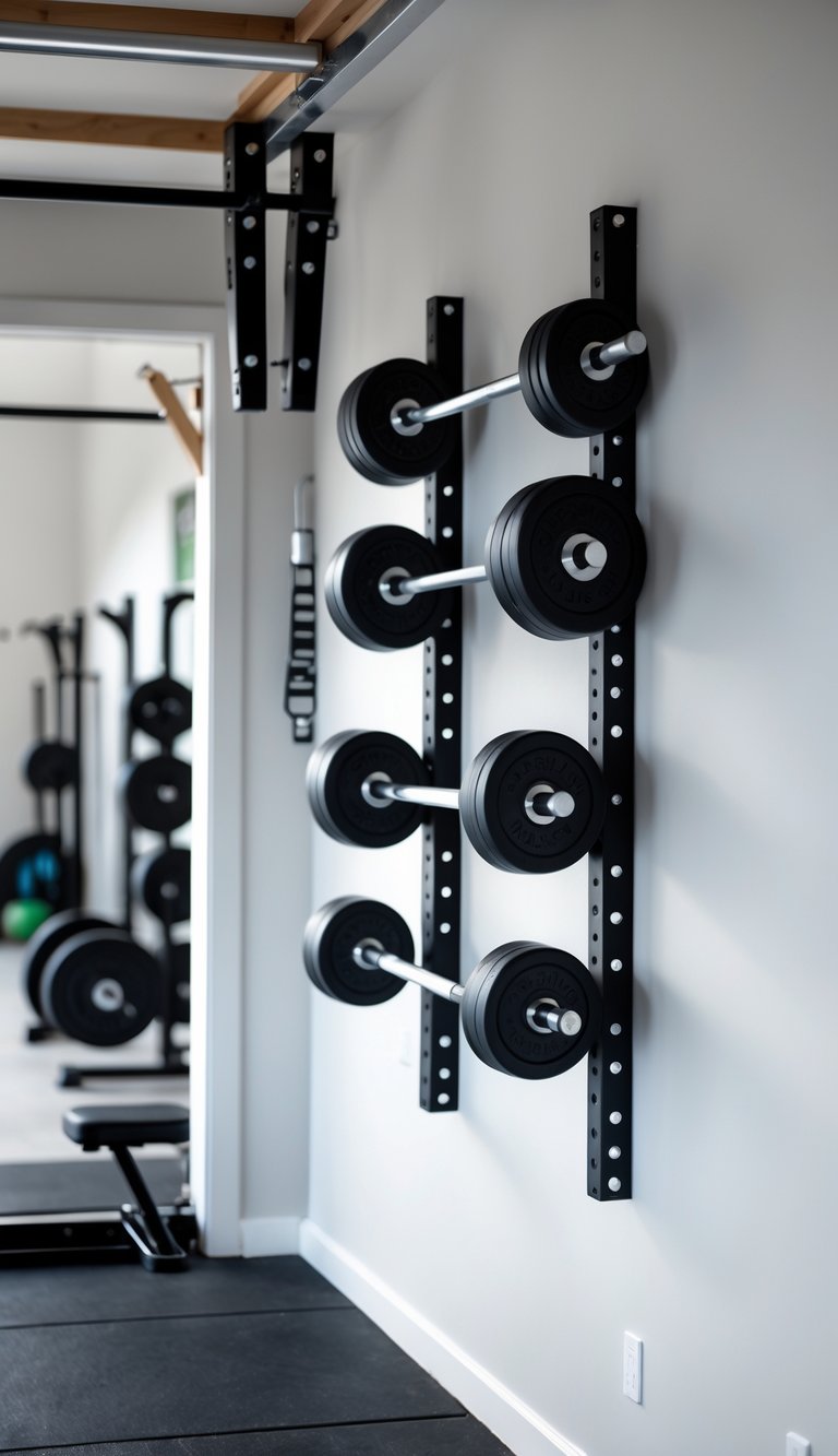 A heavy-duty barbell wall rack holding several barbells mounted on a wall in a clean and organized garage gym.