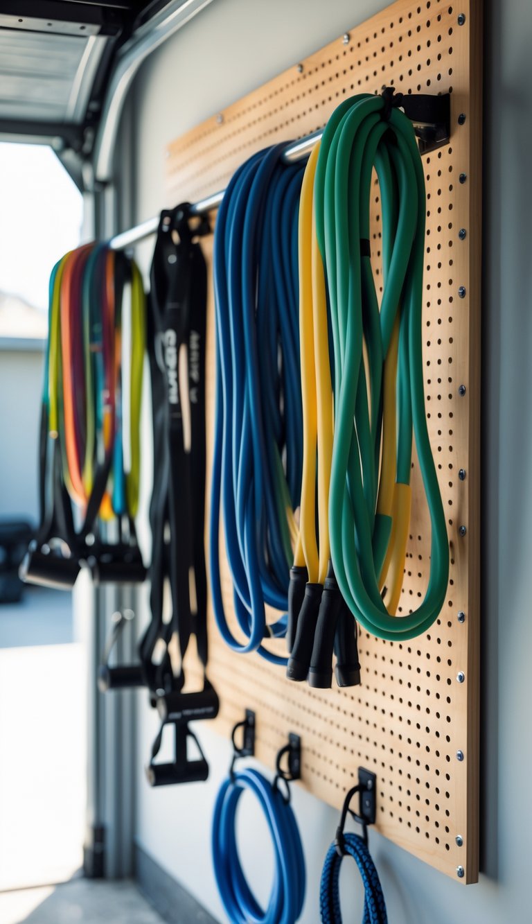 A garage gym pegboard holding resistance bands and jump ropes in an organized storage setup.