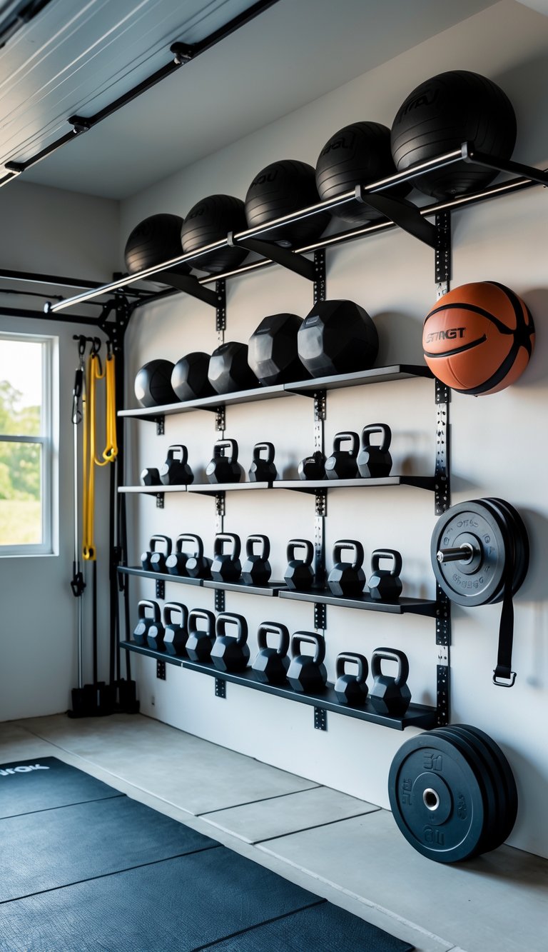 A clean garage gym with organized wall-mounted storage holding various fitness equipment like dumbbells, kettlebells, and weight plates.