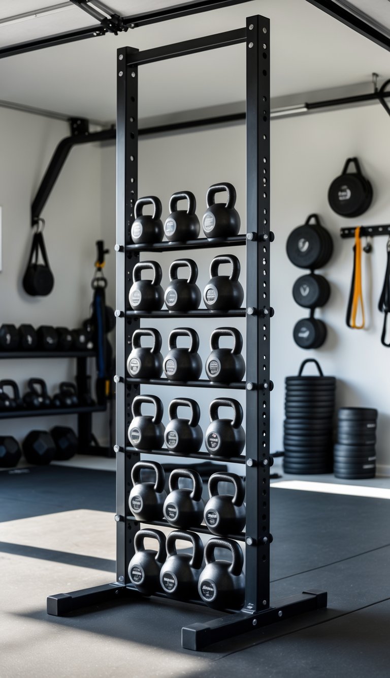 A freestanding kettlebell rack holding kettlebells in a clean and organized garage gym.