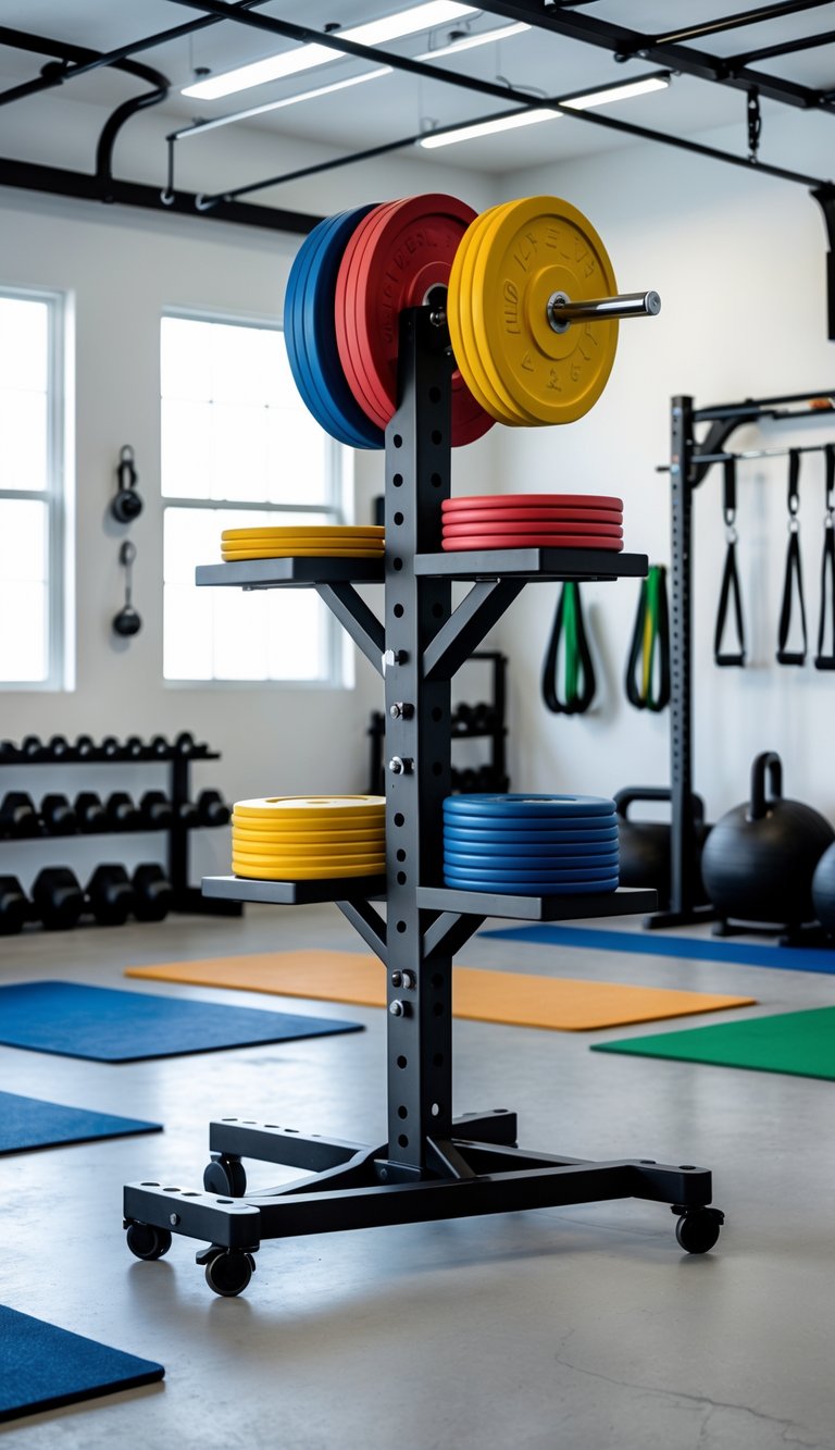 A mobile weight plate tree holding colorful weight plates in a clean, organized garage gym with other gym equipment storage solutions.