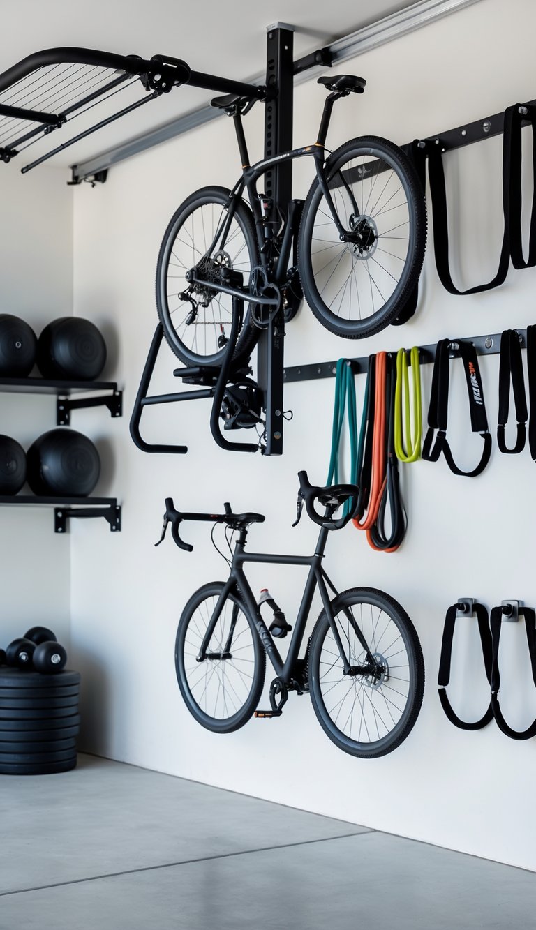 A garage gym with a bicycle hanging vertically on a wall hook surrounded by neatly organized gym equipment.