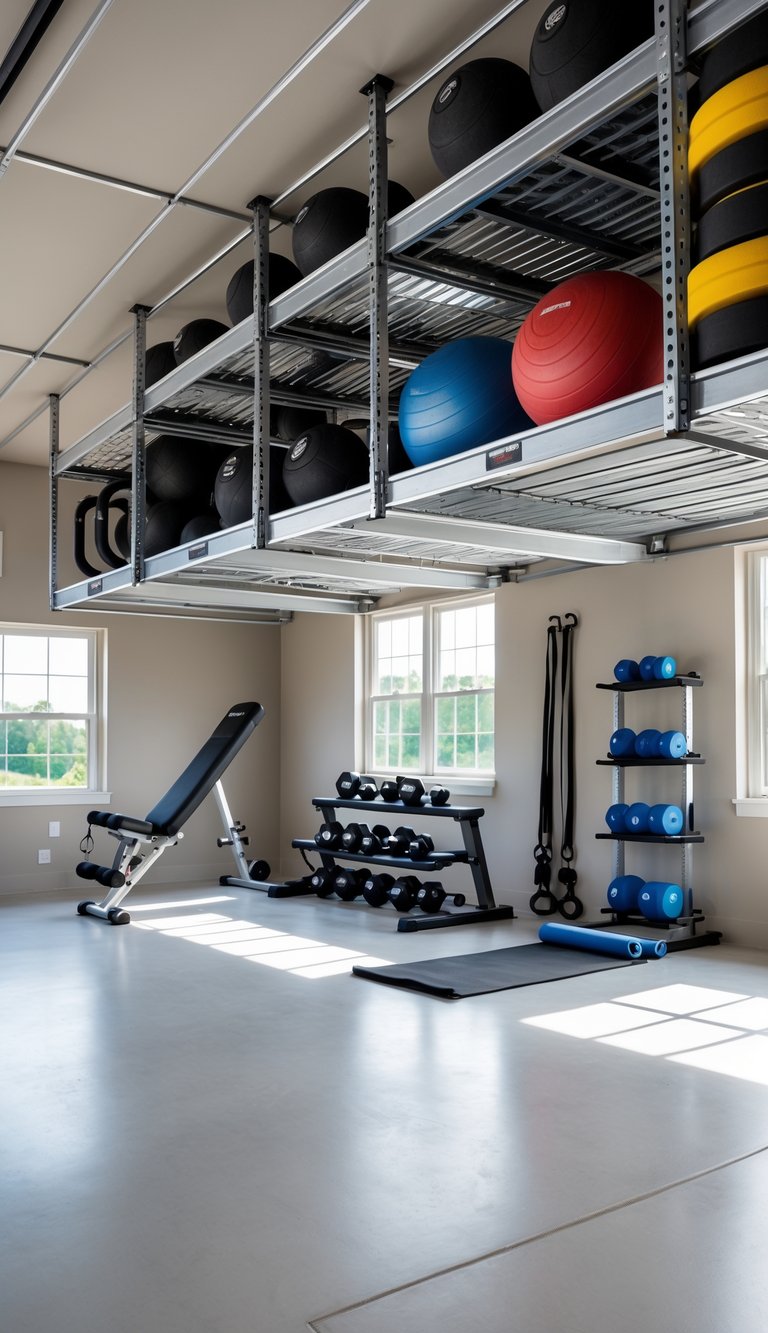 A garage gym with overhead ceiling shelves storing various gym equipment above a clean workout area.
