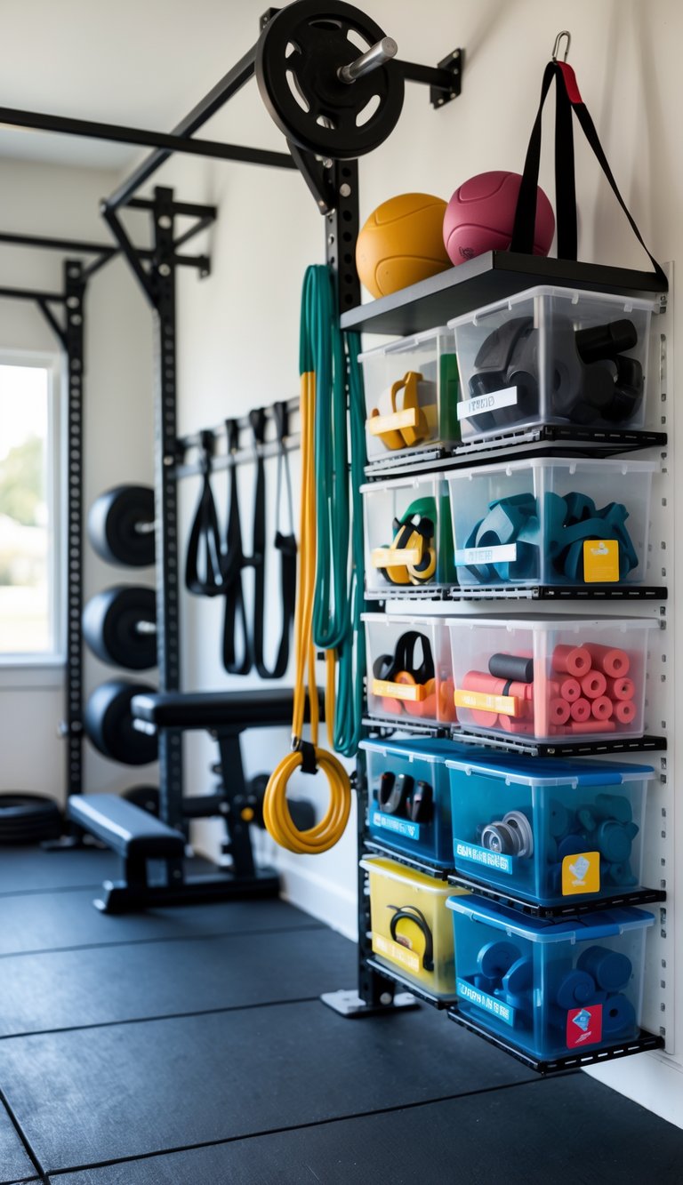 A garage gym with adjustable storage bins holding small workout accessories organized on shelves next to gym equipment.