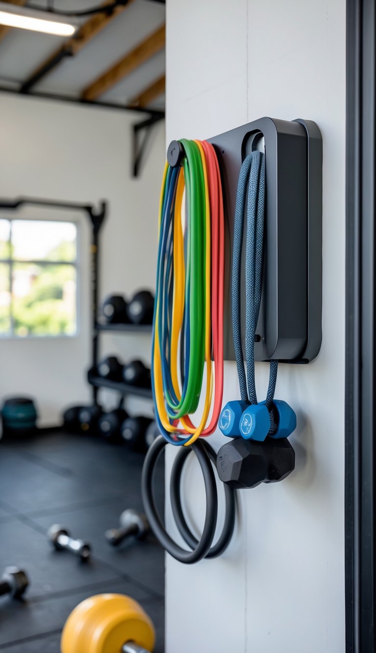 Magnetic tool holder mounted on a wall organizing small gym tools in a garage gym with gym equipment in the background.